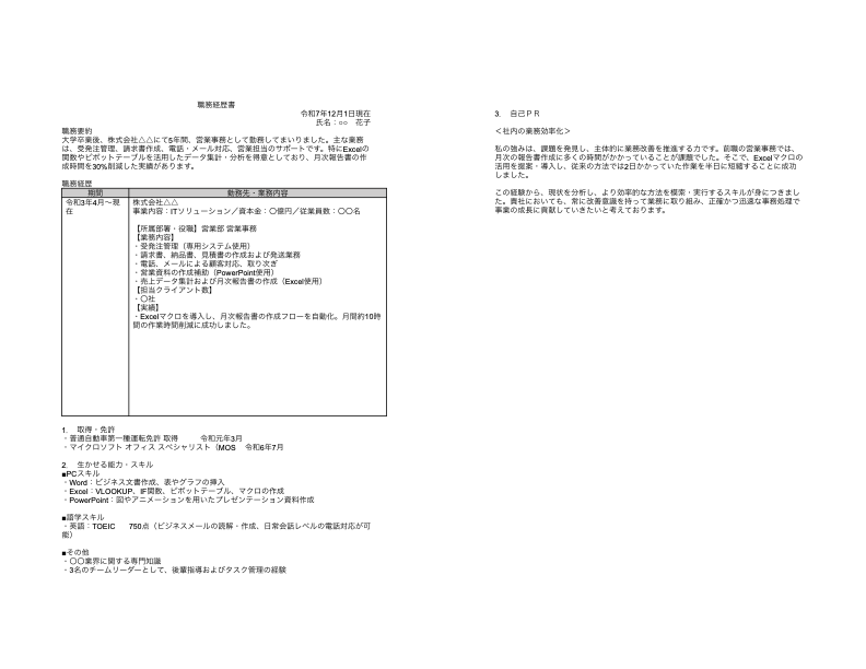 職務経歴書の記入見本（サンプル）